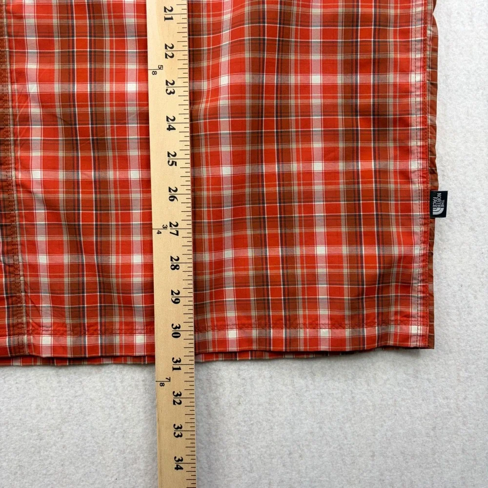 The North Face Mens XL Orange Plaid Short Sleeve Hiking Button Down Mesh Back